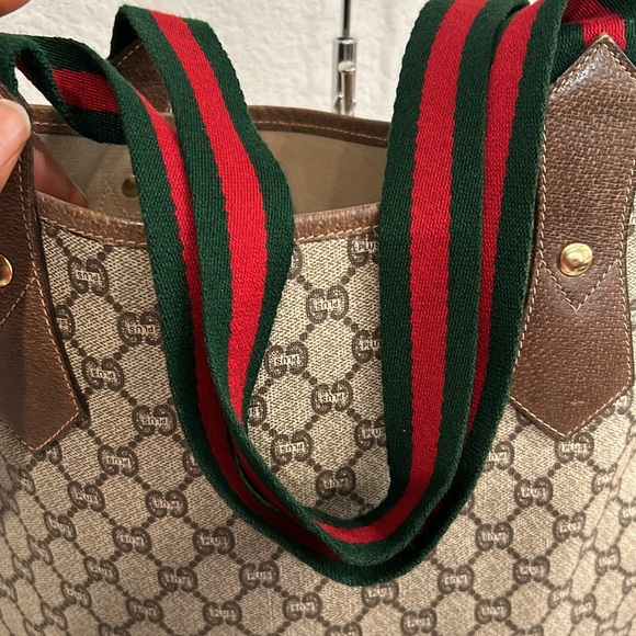 GUCCI GG Plus Canvas Web Sherry Line  Bag PVC Beige Green Red Authentic - Picture 10 of 15